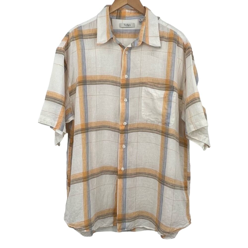 Turnbury shirt men's XL 100% linen striped short sleeve casual gold blue coastal